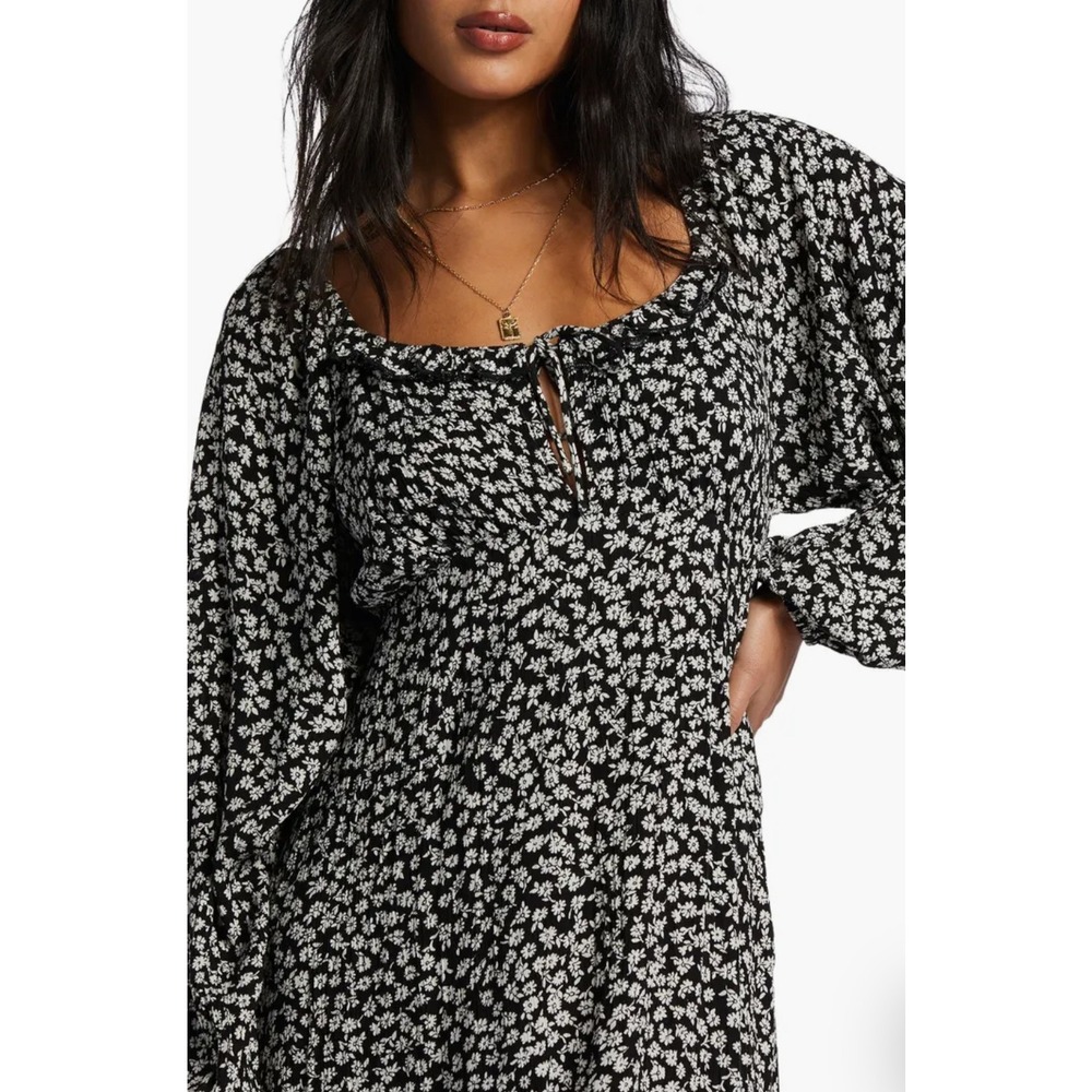 Billabong Better Days Black Midi Dress Boho Cottagecore Romantic Long Sleeve